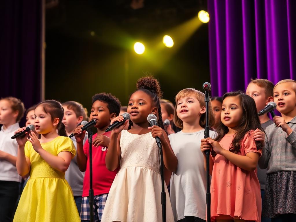 Children performing on stage with microphones
