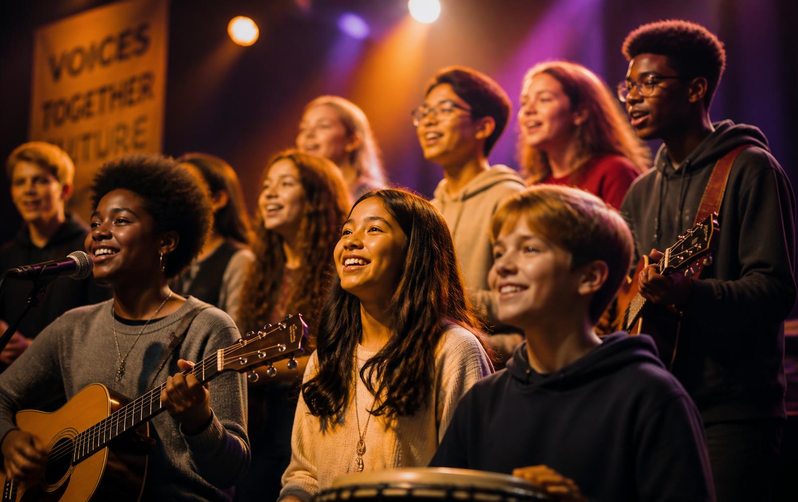 Youth choir and musicians performing together on stage